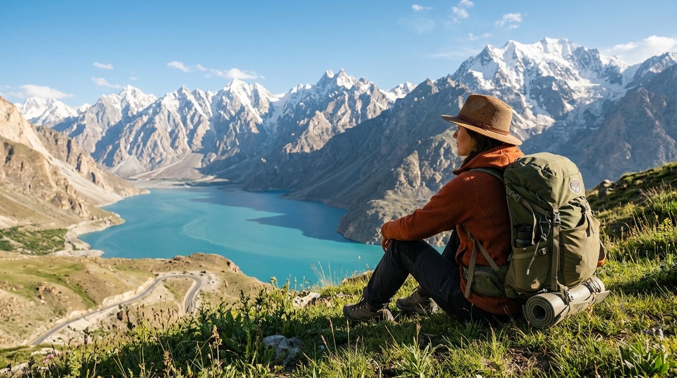 Traveler overlooking turquoise lake